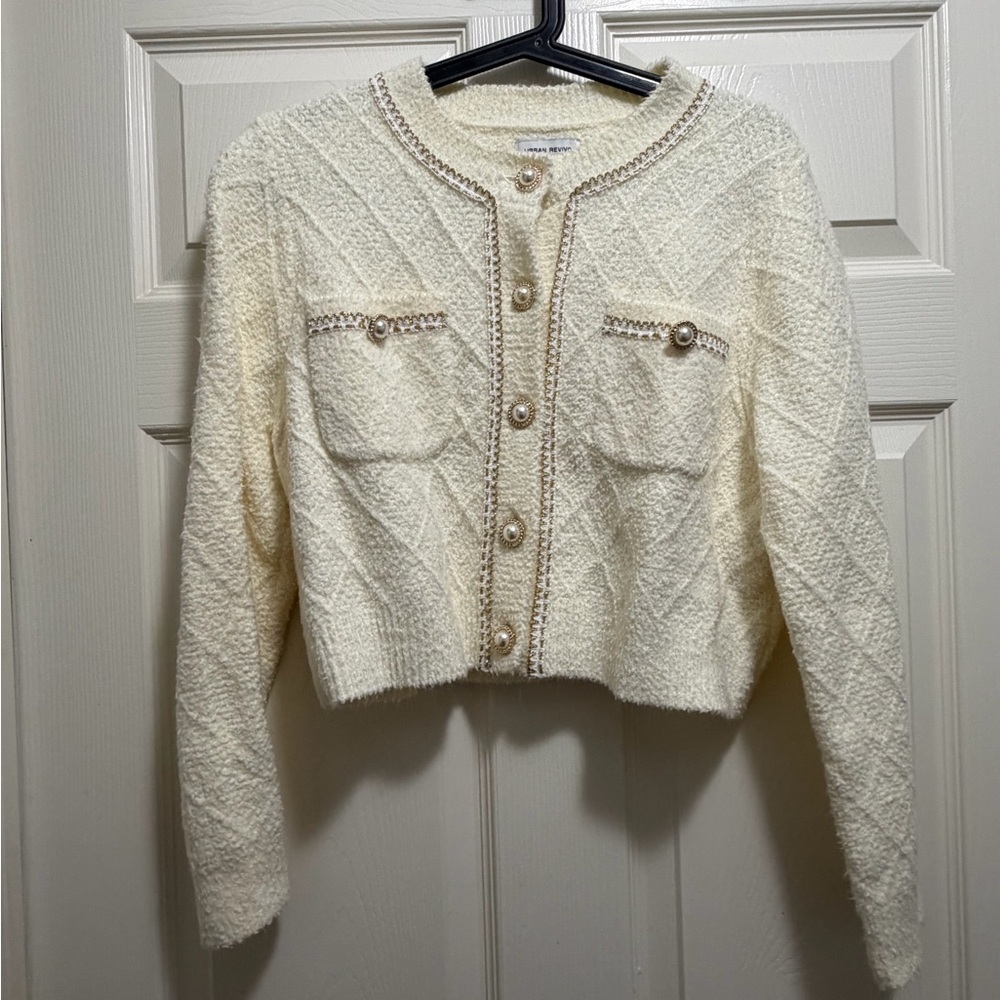 Cream Pearl-Button Cropped Cardigan Sweater